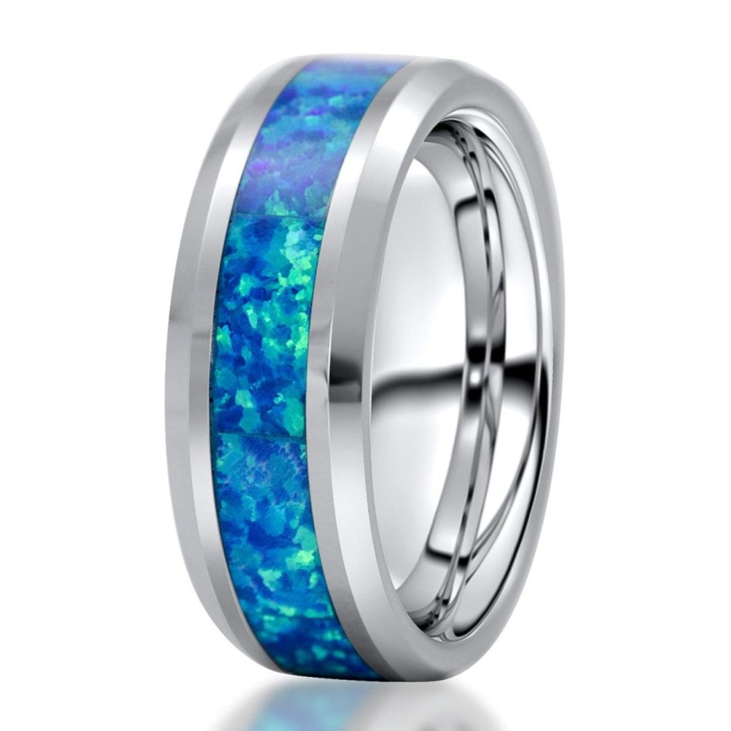 The Abrams, a silver tungsten carbide scratch-resistant ring that features a polished finish and blue opal inlay.