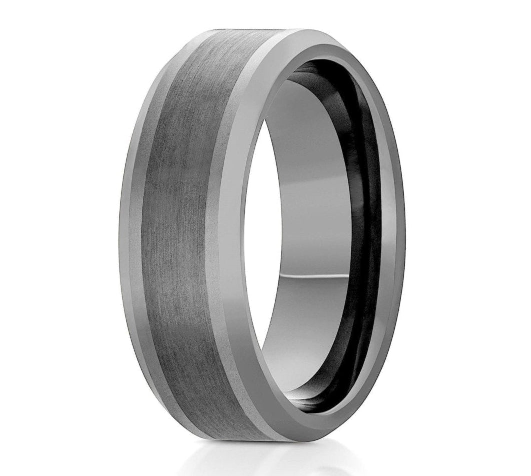 The Akron, a 8mm gray tungsten carbide scratch-resistant ring with a brushed center and polished edges and band.