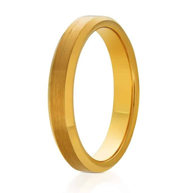 The Alistair, a 4mm gold tungsten carbide ring that features a brushed center and polished beveled edges.