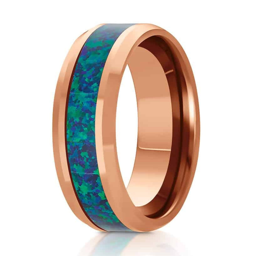 The Allende, a 8mm rose gold tungsten carbide ring that features a polished finish and beautiful green opal inlay.
