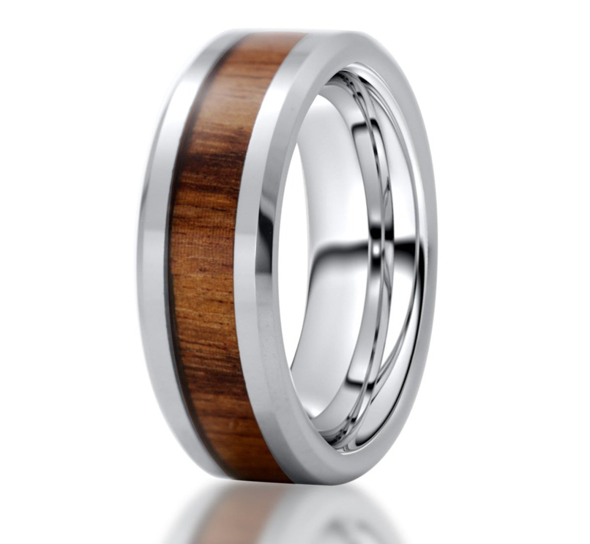 The Alpinist, a silver tungsten carbide scratch-resistant ring with a polished finish that features a Mahogany wood inlay.