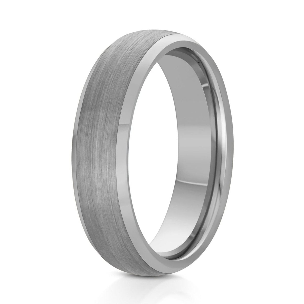 The Arctic, a 6mm silver tungsten ring with a domed design and a brushed center with polished edges.