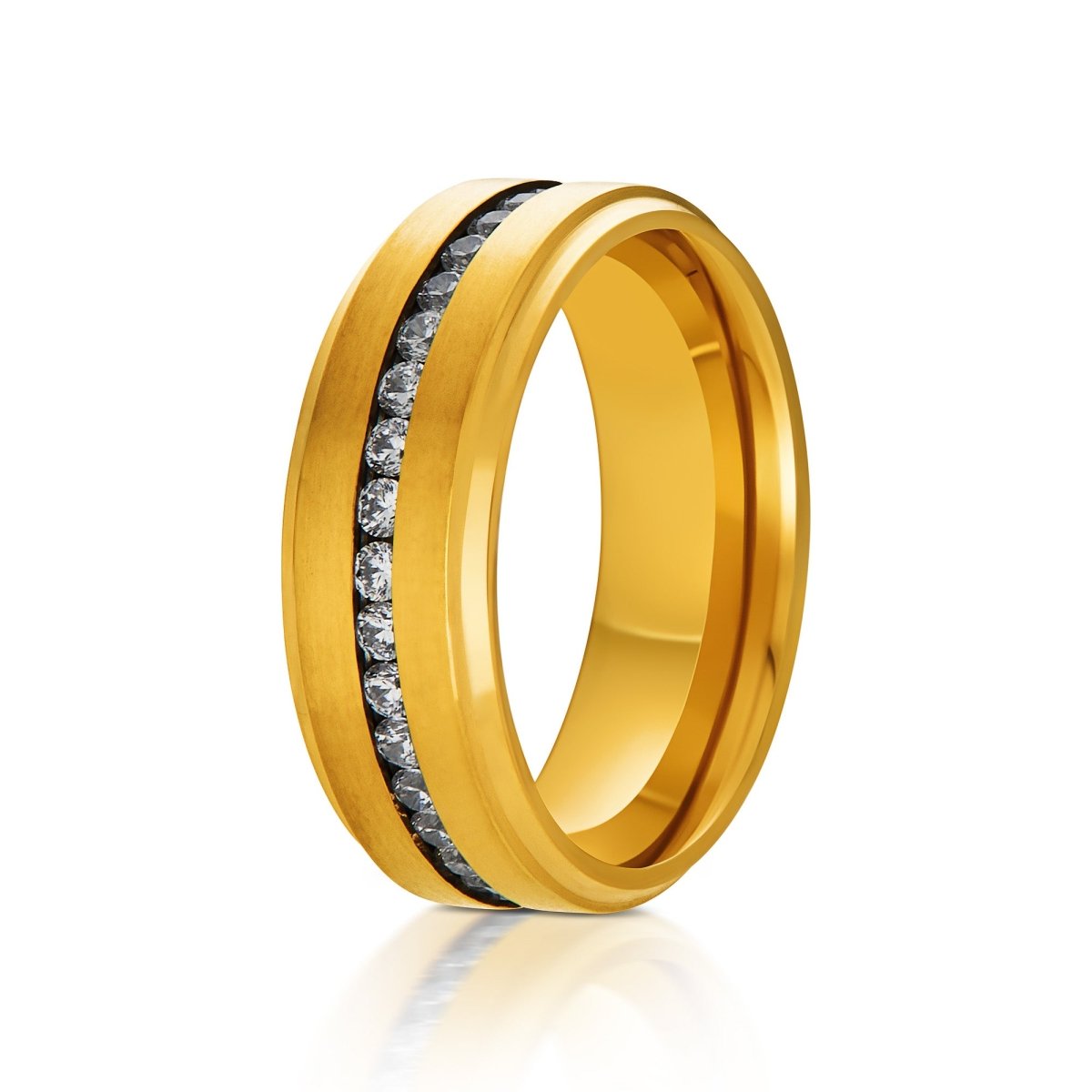 The Aureus, a 8mm gold titanium ring with a brushed center and polished edges with CZ diamonds.