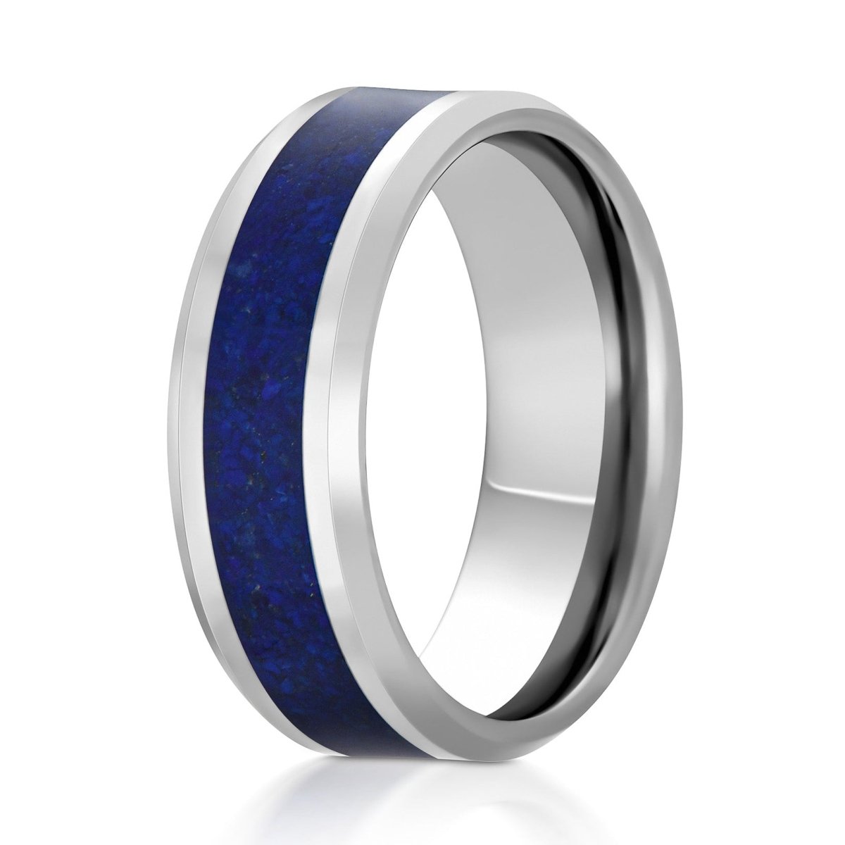 The Azure, a 8mm silver tungsten ring with a polished finish and beveled edges that feature a Lapis Lazuli inlay in the center.