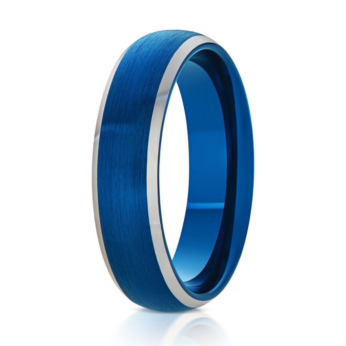 The Azureon, a 6mm blue tungsten ring with a brushed finish and silver polished edges.