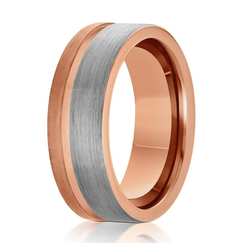 The Baker, a two-toned silver and rose gold tungsten ring that features a brushed finish and polished groove and a rose gold inner band.