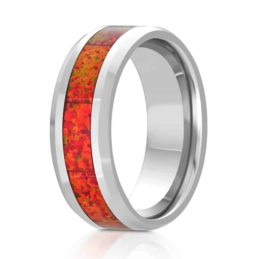 The Bandera, a silver tungsten carbide ring with a polished finish that features a fire red opal inlay.