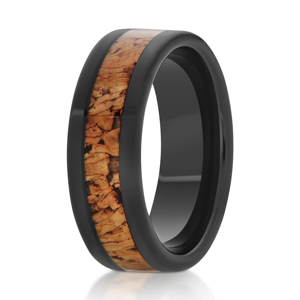 The Bark, a 8mm black tungsten ring with a polished finish and a brown cork inlay in the center.