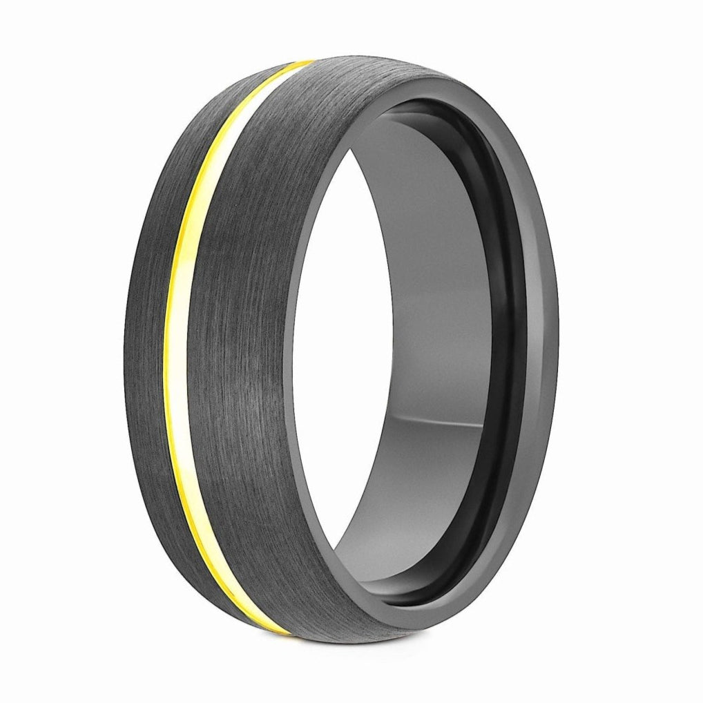 The Baruch, a 8mm gray tungsten carbide ring that features a brushed finish and domed design with a polished gold off-center groove.