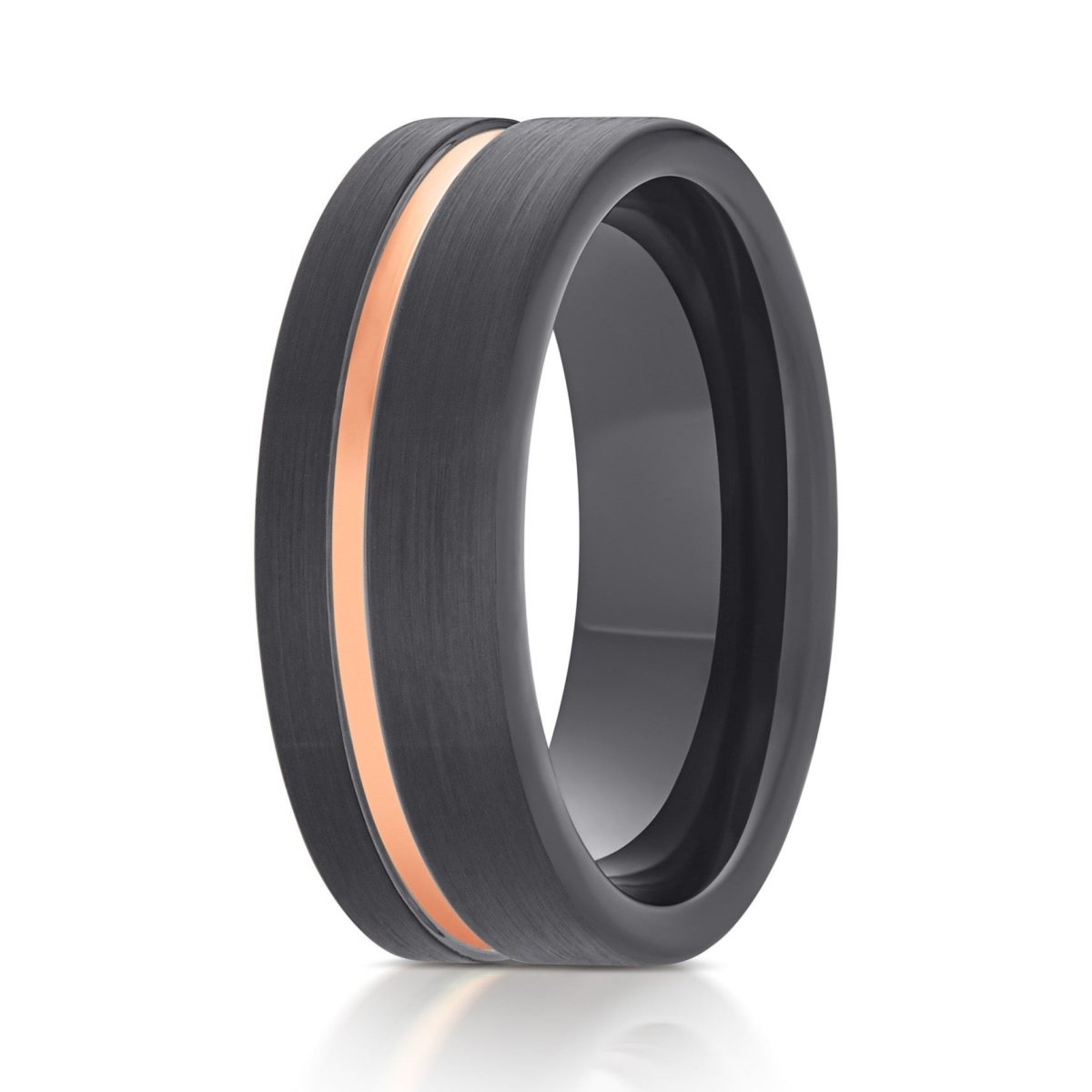 The Beacon, a 8mm black tungsten ring with a brushed finish and a rose gold polished groove that features a pipe cut design.