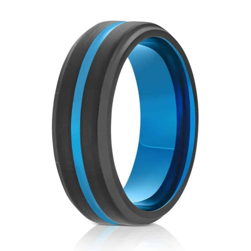 The Benny, a black and blue tungsten carbide ring that features a black, brushed center and polished edges with a bold blue polished grooved center and inner band.