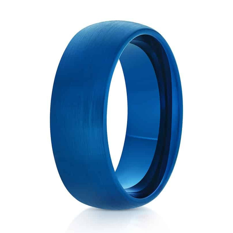 The Biscayne, a 8mm blue tungsten carbide ring with a domed design, brushed finish, and a polished band.