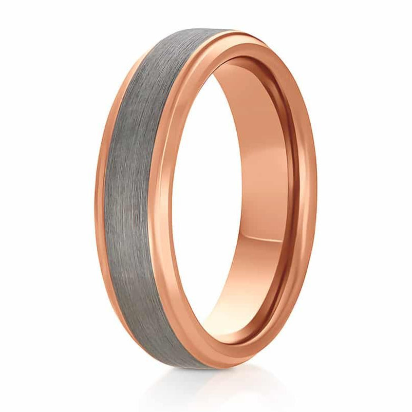 The Blackwater, a rose gold tungsten carbide ring that features a polished finish and a silver, brushed center.