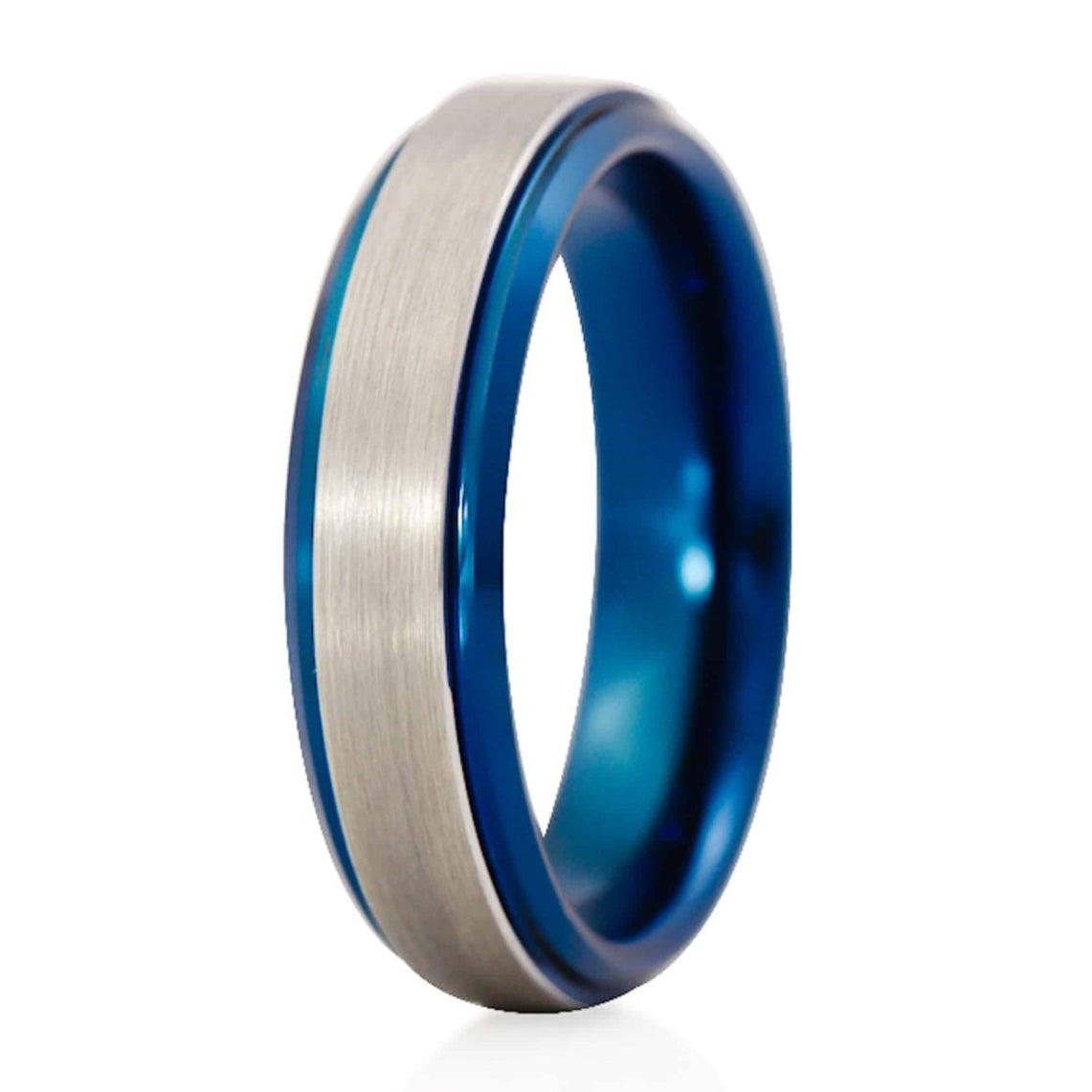 The Blaire, a gray tungsten carbide scratch-resistant ring with a brushed center and polished blue edges and band.