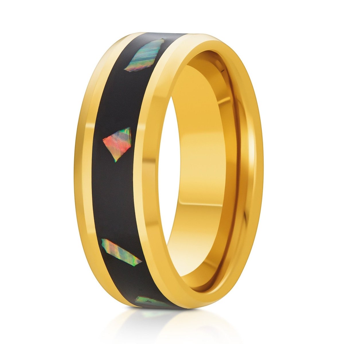 The Bloom, a 8mm gold tungsten ring with a polished finish with an abalone fragments inlay over a black center.