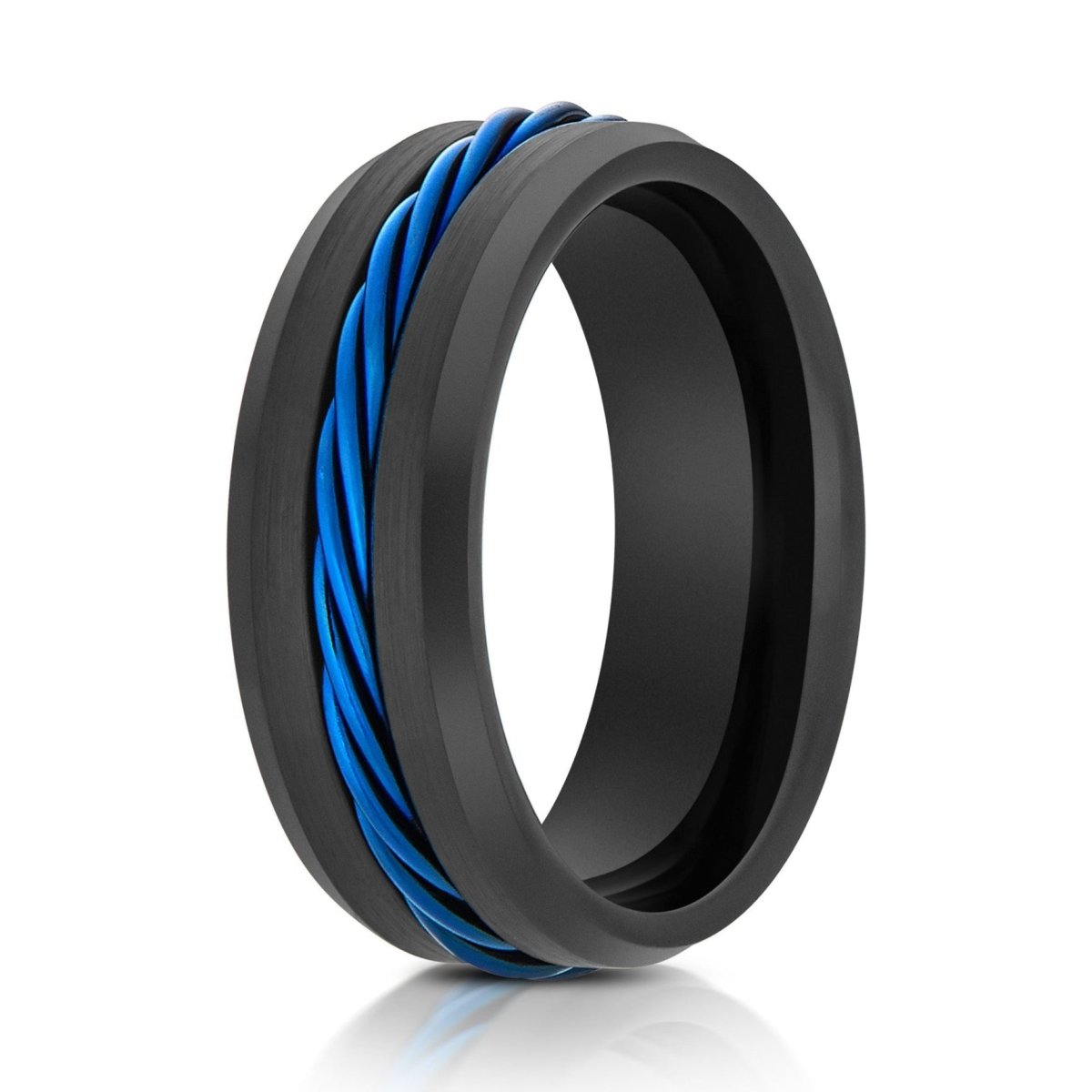 The Blue Anchor, a 8mm black tungsten ring with a brushed center with polished edges that features a blue rope inlay in the center.