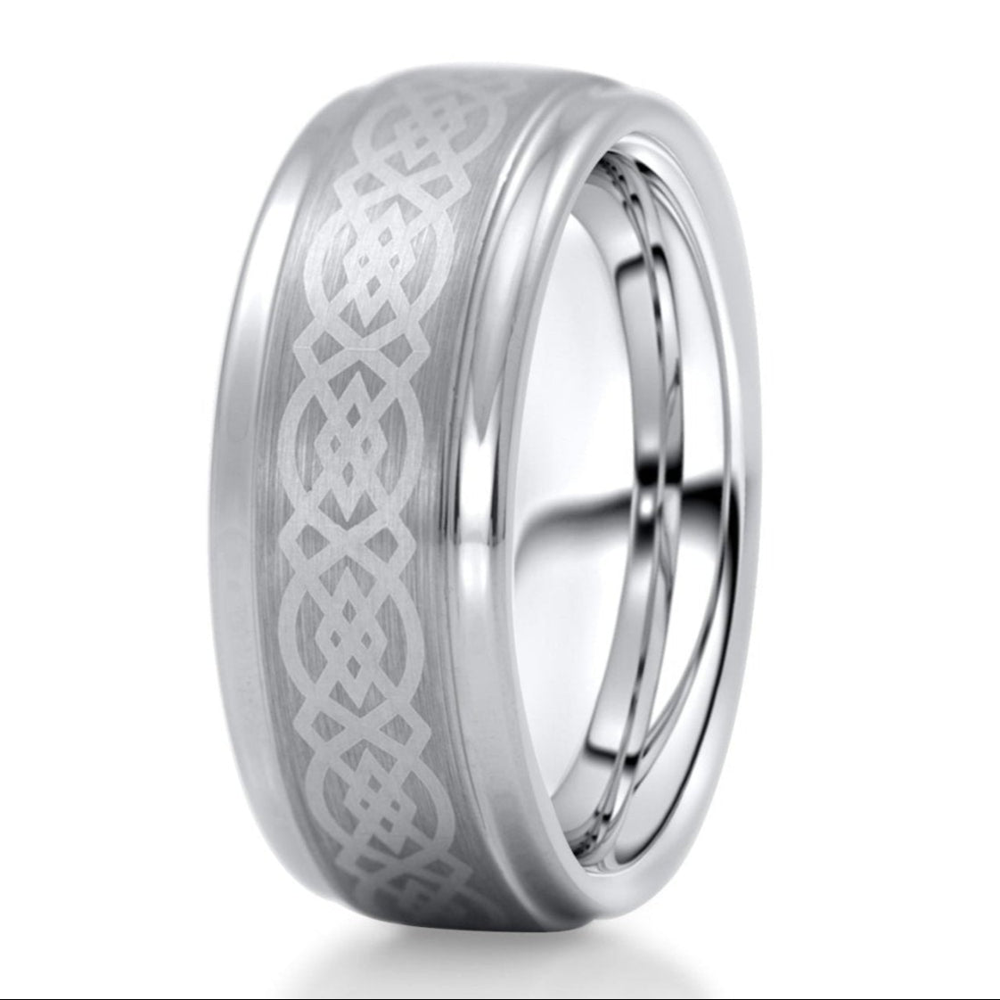 The Blyth, a silver tungsten wedding that features a brushed center with celtic knot pattern and polished edge on a white background.
