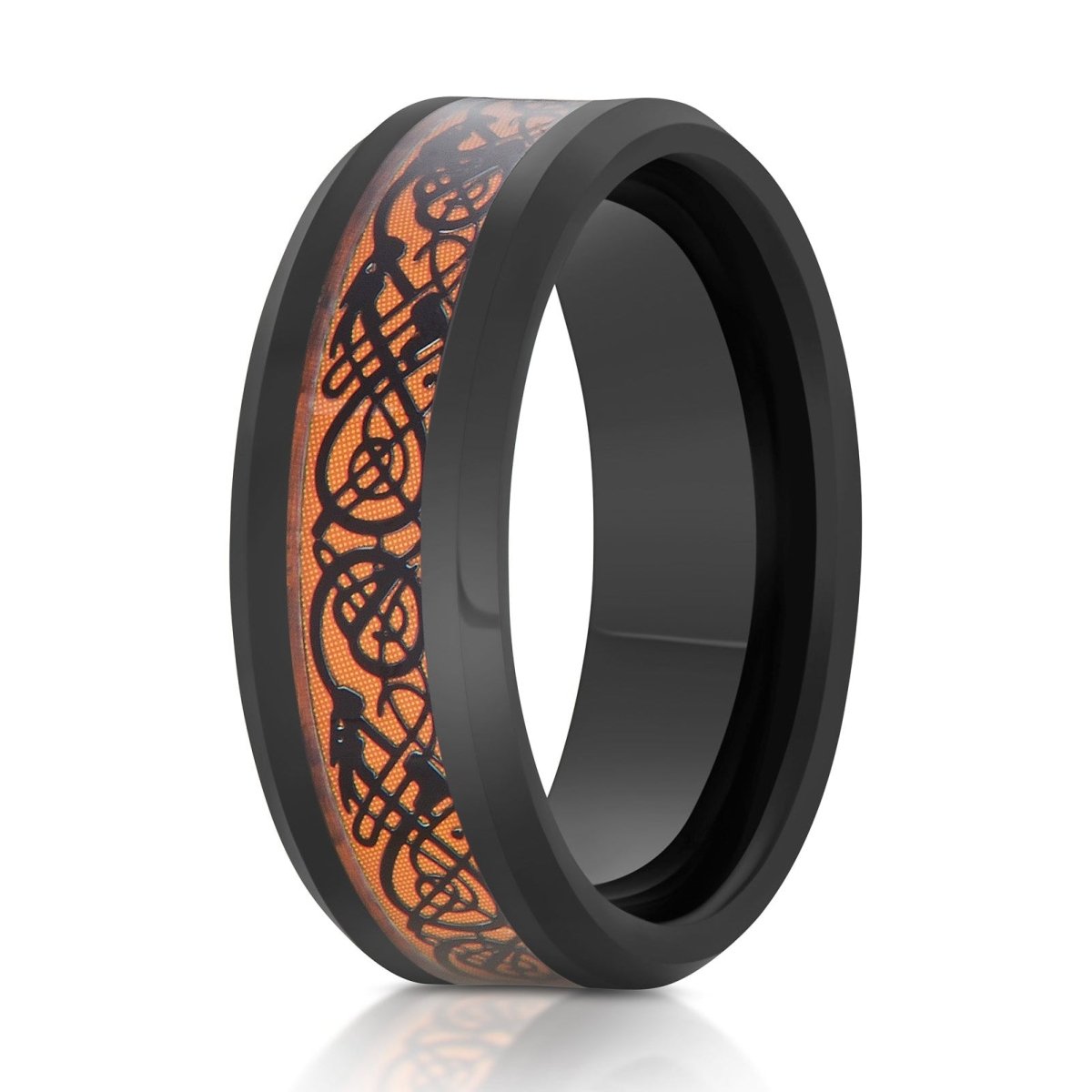 The Brann, a 8mm black tungsten ring with a polished finish that features a black celtic cutout over an orange resin inlay.