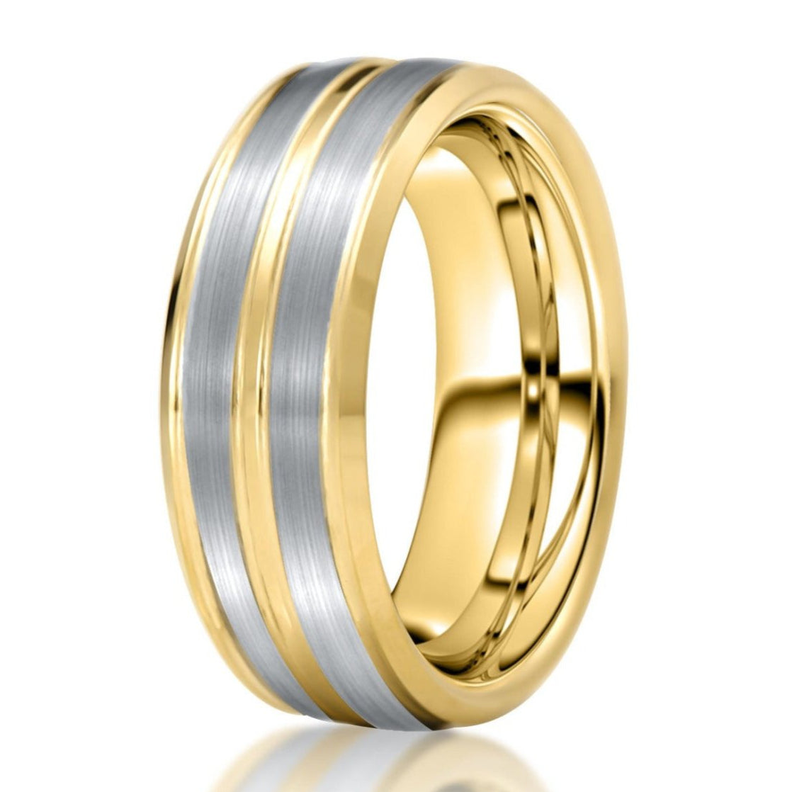 The Cades Cove, a gold tungsten ring with a polished finish and a brushed gray center.