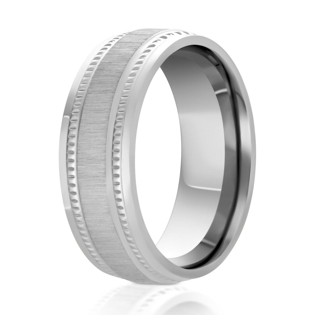 The Calden, a 8mm silver titanium ring with a satin finished center and a milgrain stepped edge with a polished finish.