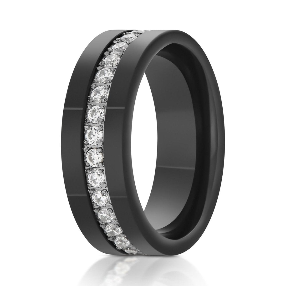 The Calvian, a 8mm black tungsten ring with a polished finish that features eternity white CZ prong set diamonds.