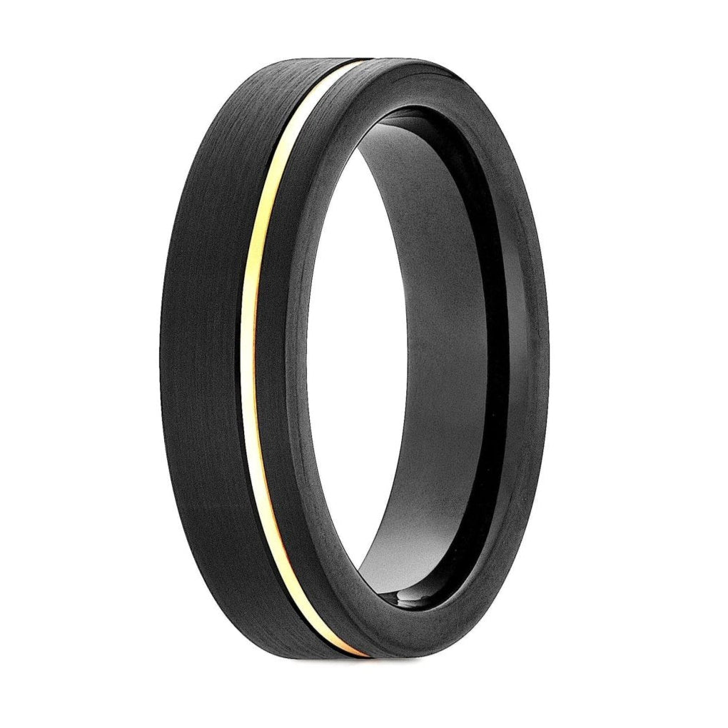 The Canyonlands, a 6mm black tungsten carbide ring that features a brushed finish and a rose gold polished groove.