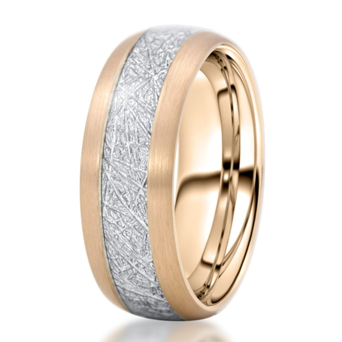 The Captain, a rose gold tungsten ring with a brushed finish that features a silver meteorite inlay.