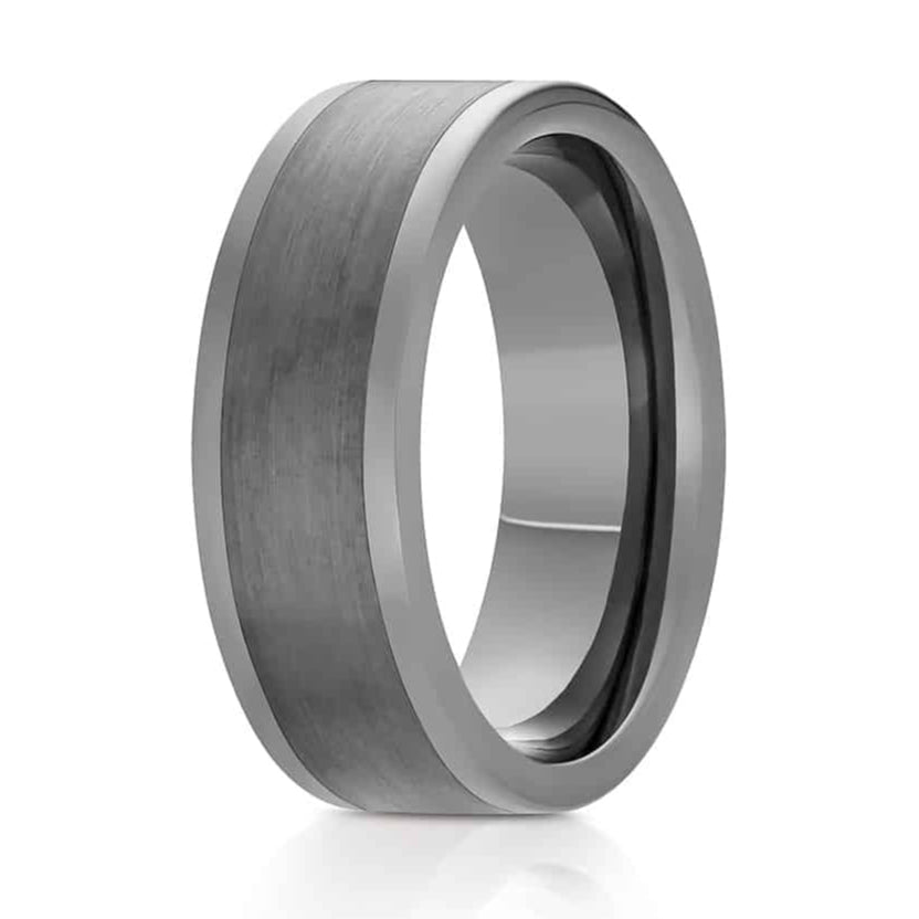 The Caspian, a 8mm gray tungsten carbide ring with a pipe cut design that features a brushed center and polished edges and band.