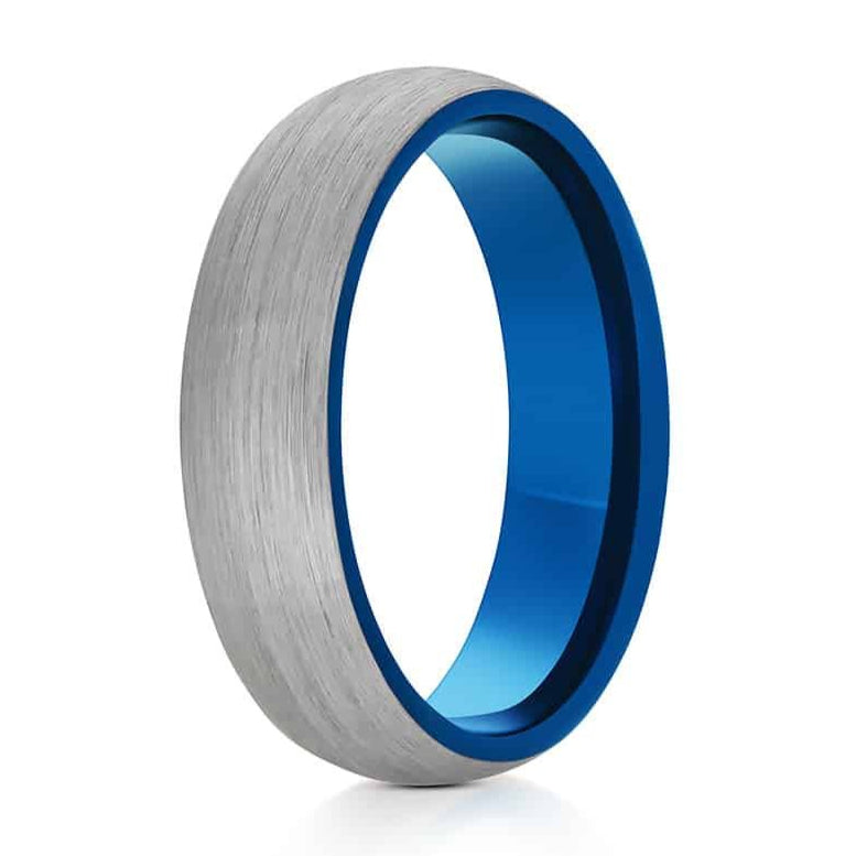 The Castor, a 6mm silver and blue tungsten carbide ring that features a brushed finish and a polished blue band.