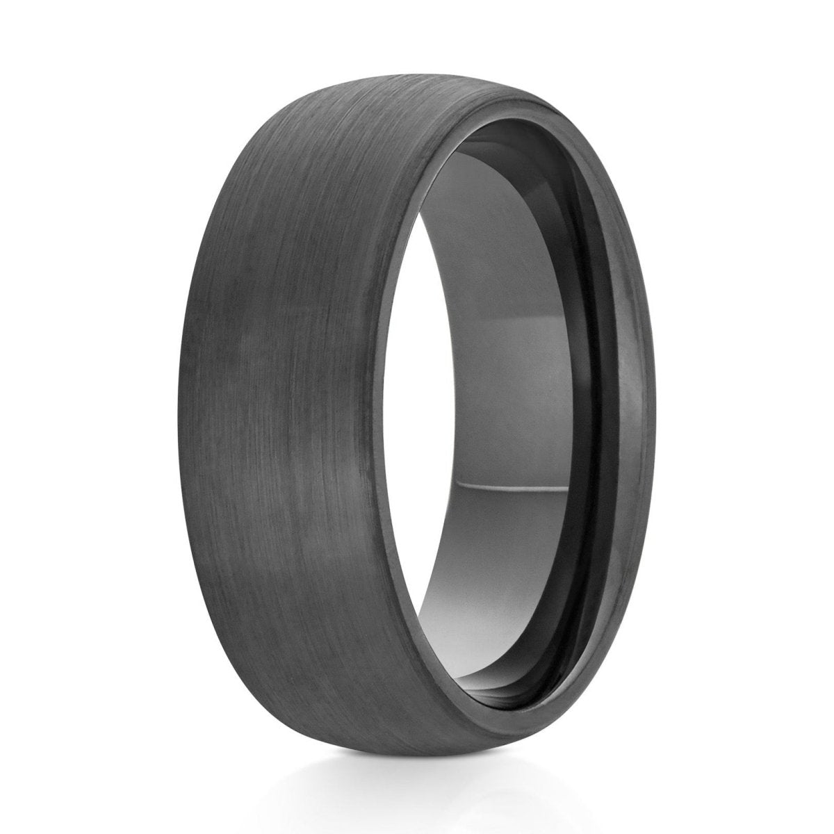 The Citadel, a 8mm gray tungsten ring with a brushed finish and classic domed look.