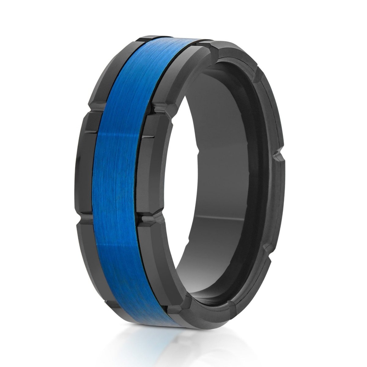 The Cobalt, a 8mm black tungsten ring with a polished finish and notches on the edges that feature a brushed blue center.