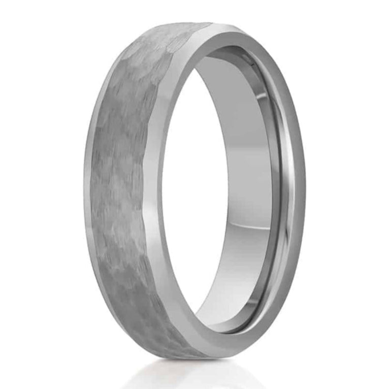 The Comanche, a 6mm silver tungsten carbide ring that features a hammered and brushed finish with polished edges.
