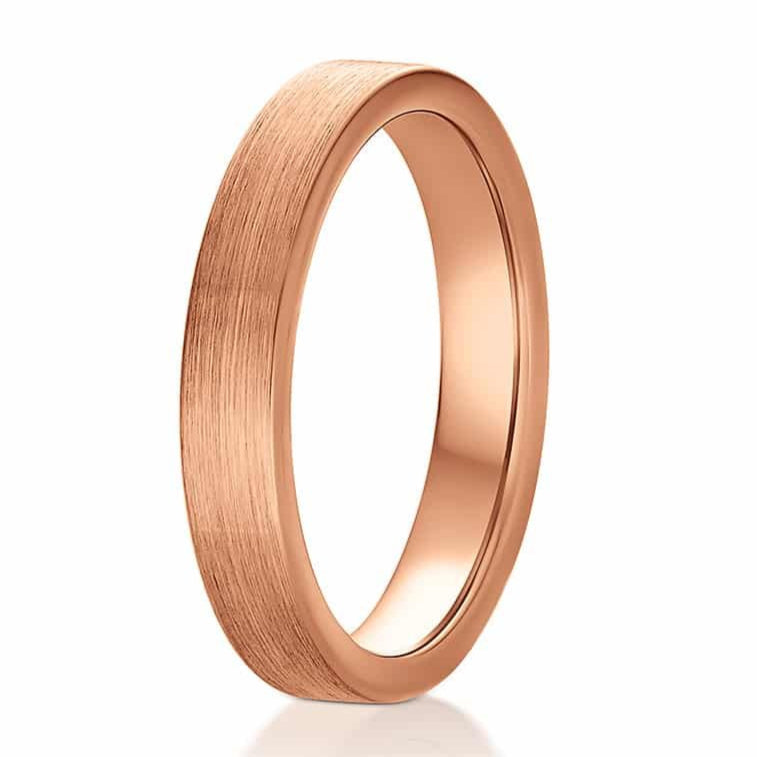 The Cordell, a 4mm rose gold tungsten carbide scratch-resistant ring that features a brushed finish and pipe cut design.