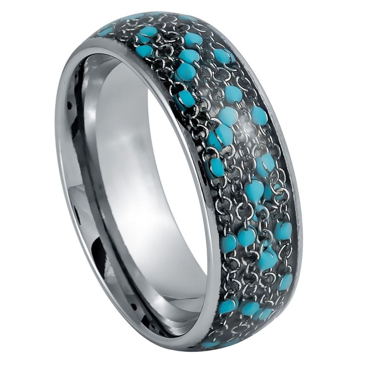 The Corsair, a 8mm silver tungsten ring with a polished finish and chains and blue beads inlay in the center.