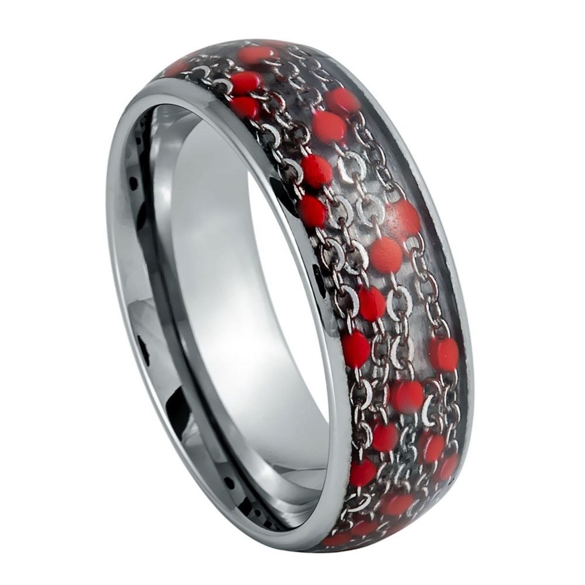The Crimson Chain, a 8mm silver tungsten ring with a polished finish that features chains and red beads inlay in the center.