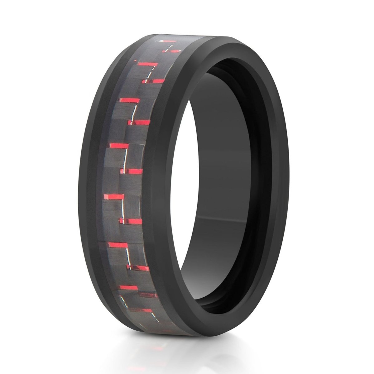The Crimson, a 8mm black  tungsten ring with a polished finish that features a beveled edge and black and red carbon fiber inlay.