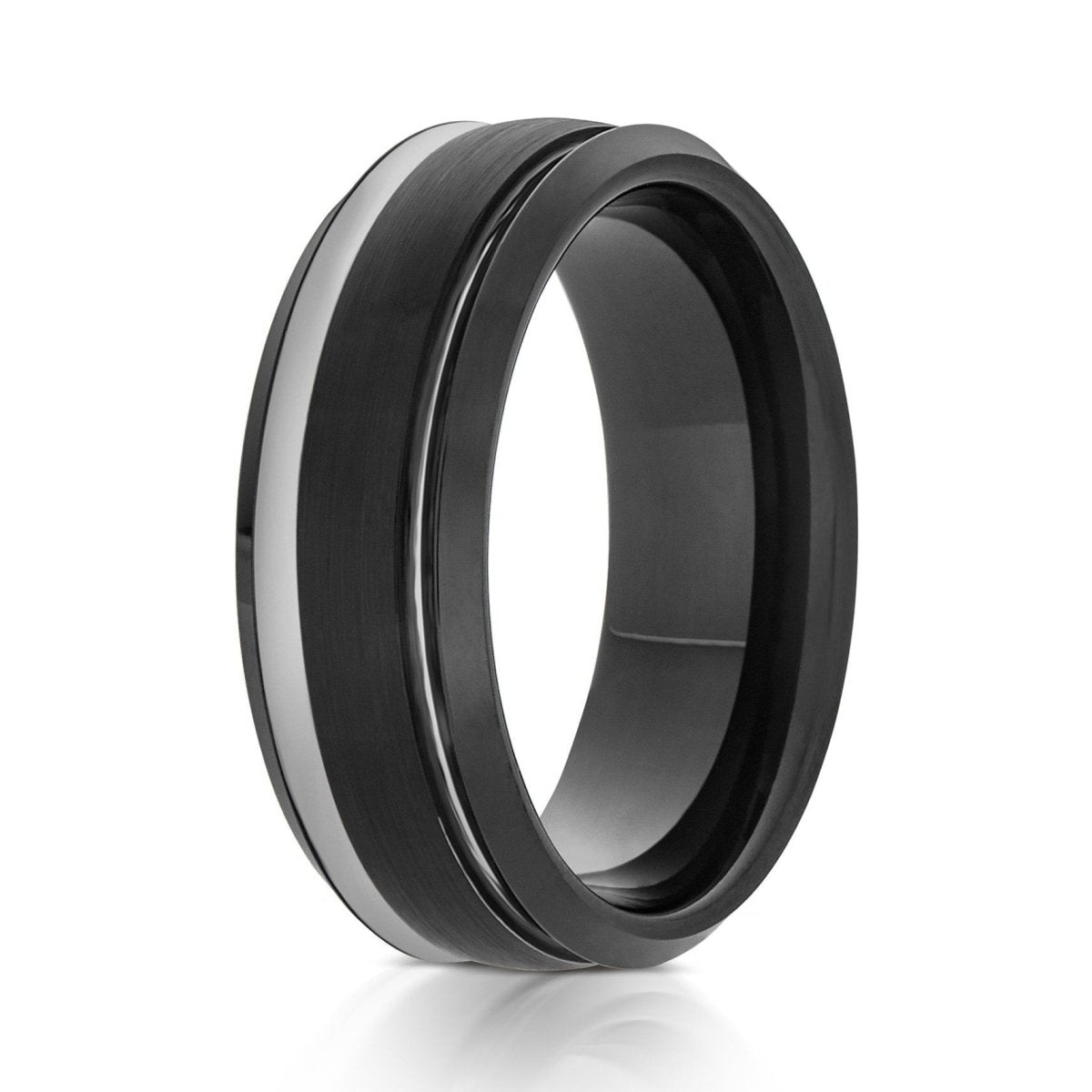 The Crosscut, a 8mm tungsten carbide ring with a black, brushed center and black, polished edges with silver stepped edges.