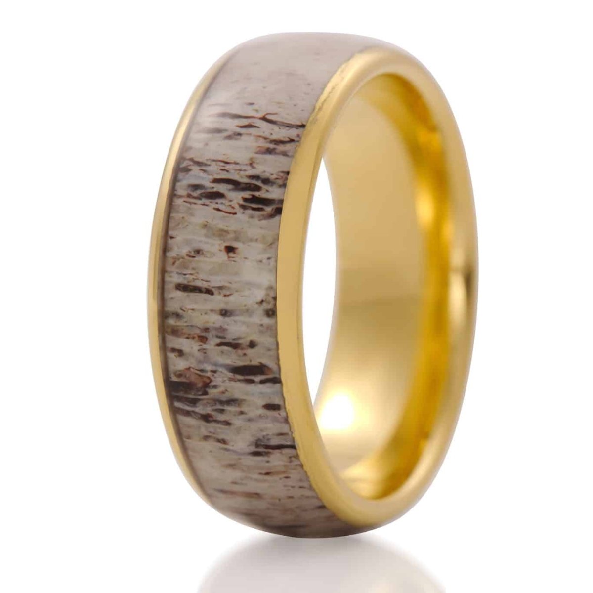 The Custer, a gold tungsten carbide scratch-resistant ring that features a polished finish and deer antler inlay.