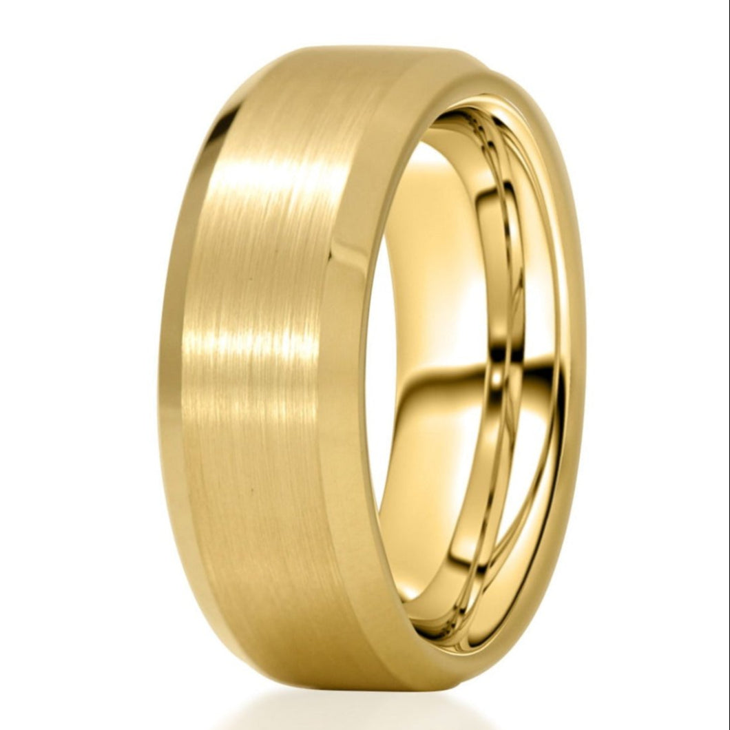 The Cutler, a 8mm gold tungsten carbide scratch-resistant ring that features a brushed center and sleek, polished edges.