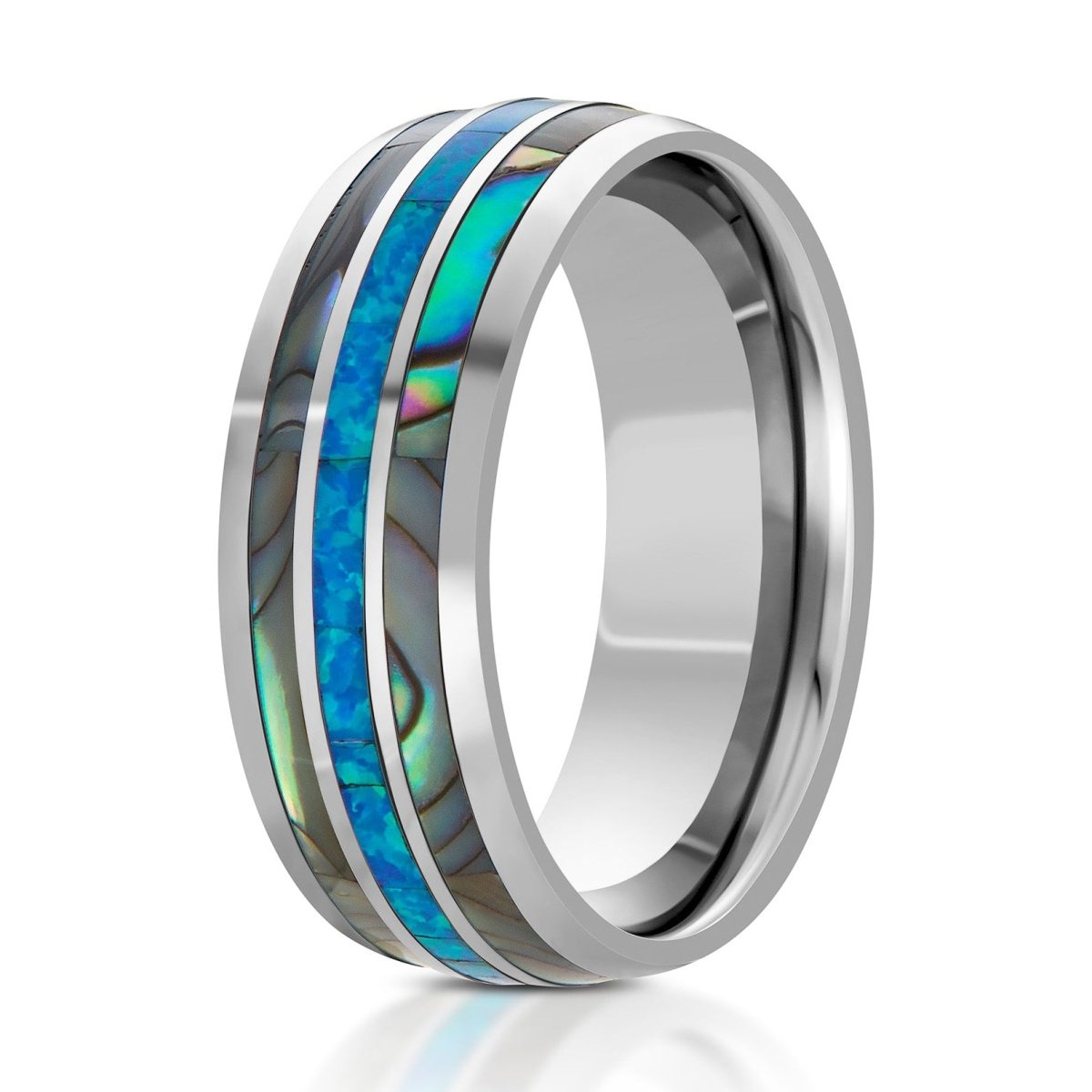 The Deep, a 8mm silver tungsten ring with a polished finish that features a mother of pearl inlay in the center paired with a blue opal inlay.