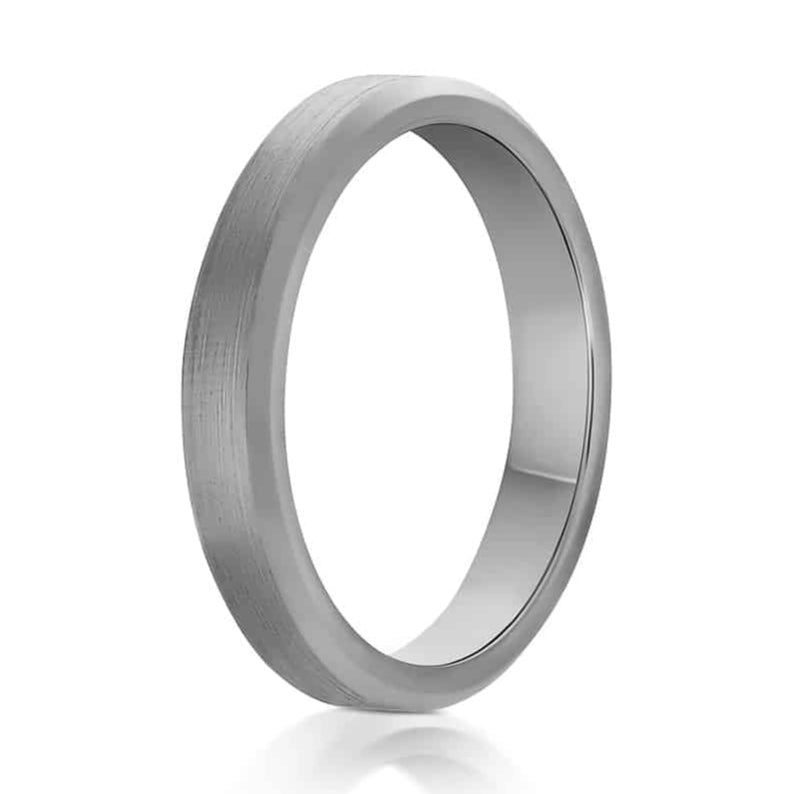 The Destiny, a 4mm silver tungsten scratch-resistant ring with a brushed center and polished edges.