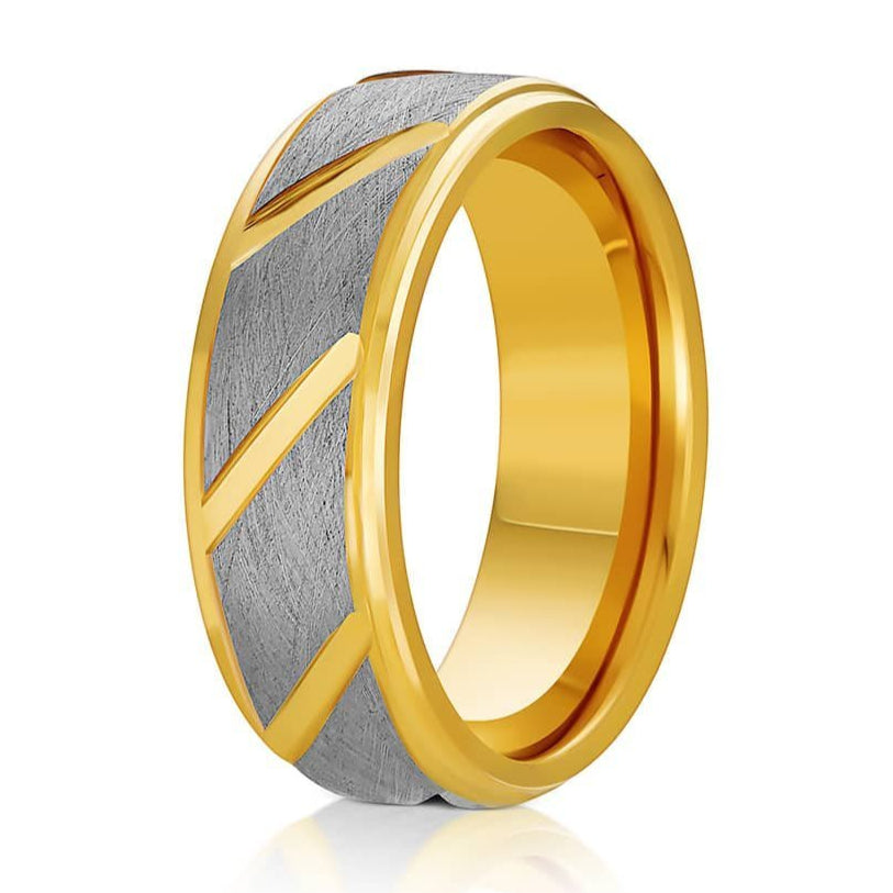 The Diamond Head, a 8mm polished gold tungsten carbide ring that features a wire brushed gray center and gold notches.