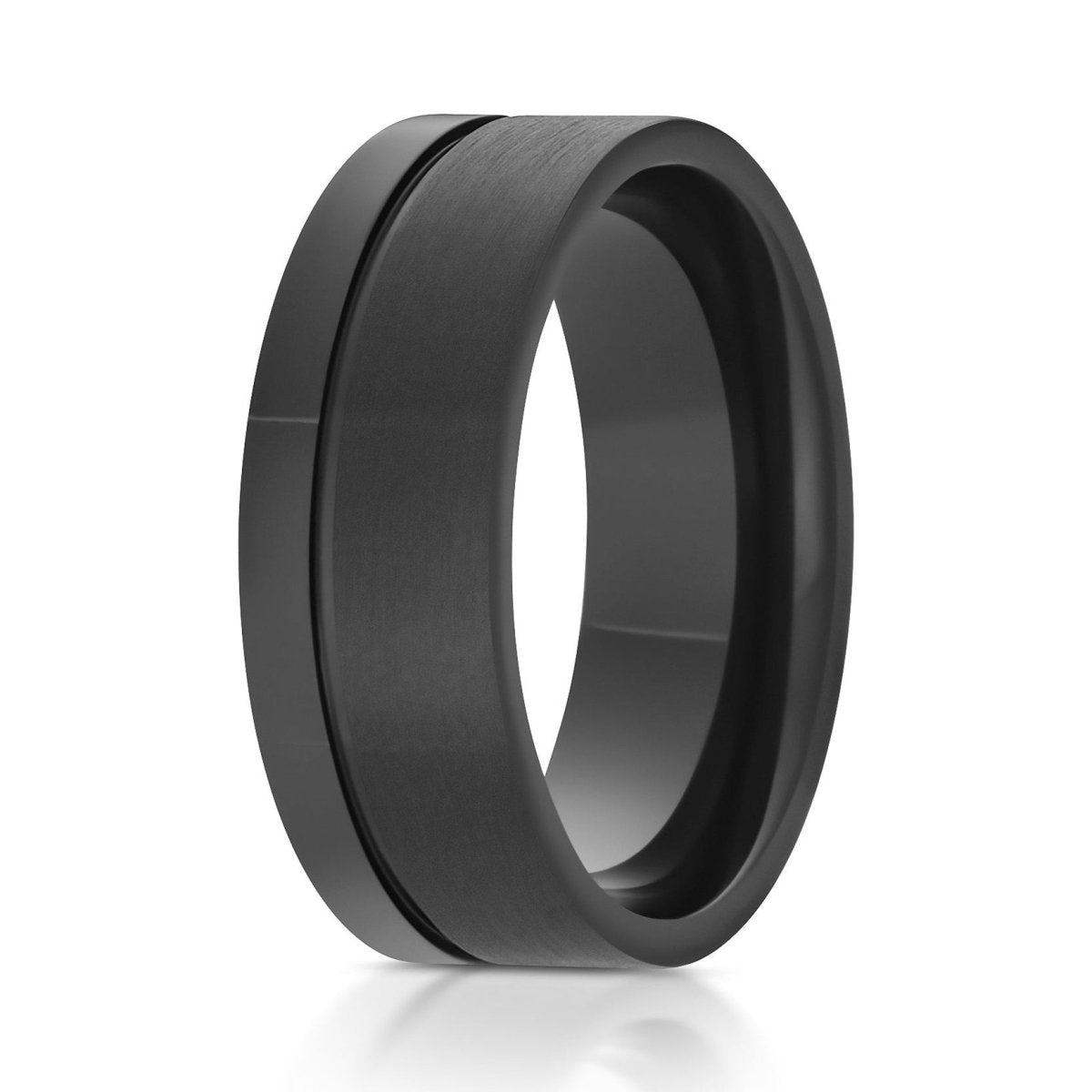 The Divide, a 8mm gray zirconium ring that features a mix of a brushed and polished finish as well as the off-center groove and pipe cut design.