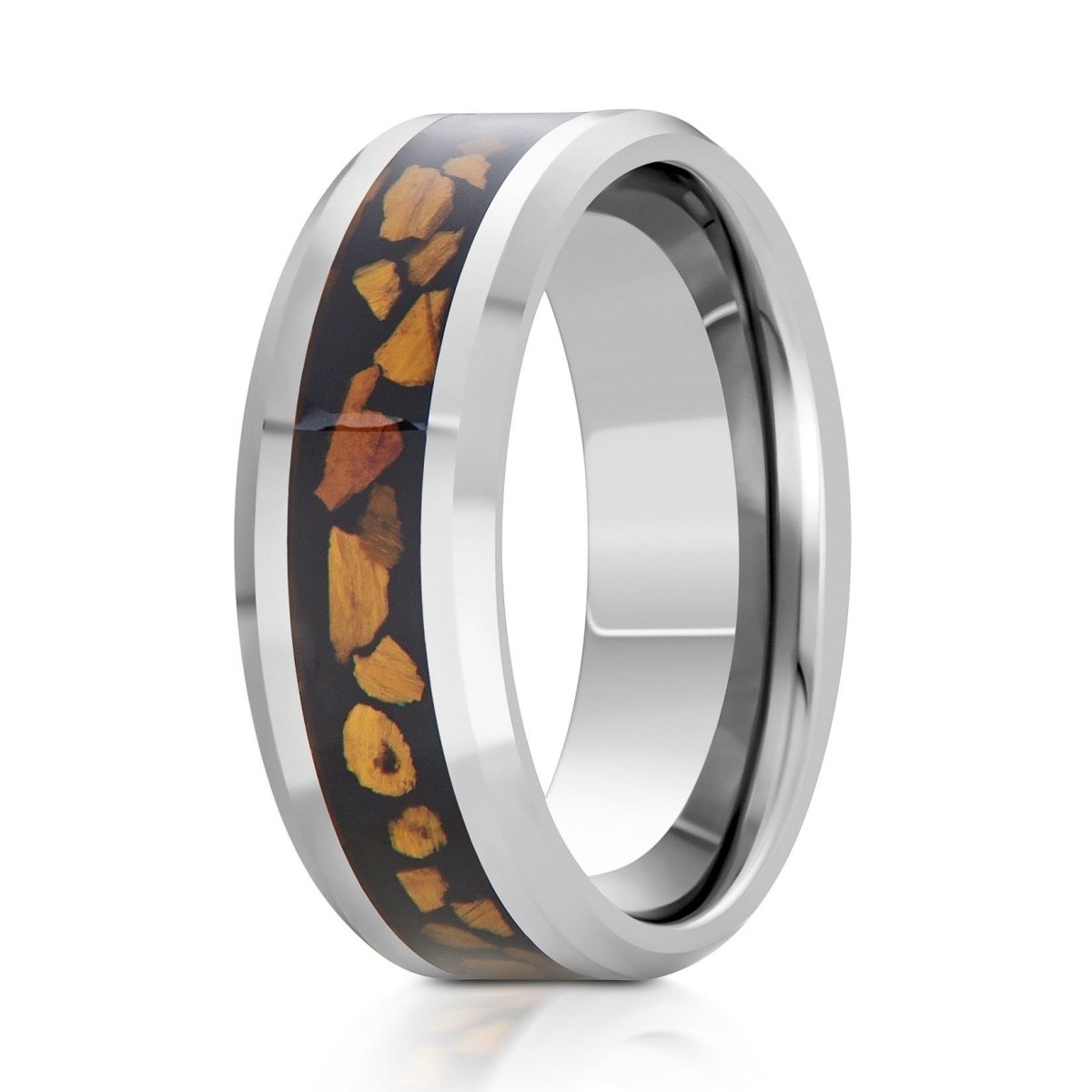 The Dominion, a 8mm silver tungsten ring with a polished finish and beveled edge that feature a tiger eye chips inlay in the center.