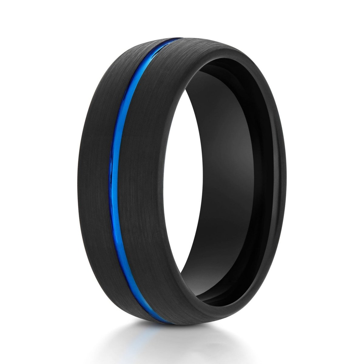 The Doomein, a 8mm black tungsten ring with a brushed finish  and blue polished groove in the center.