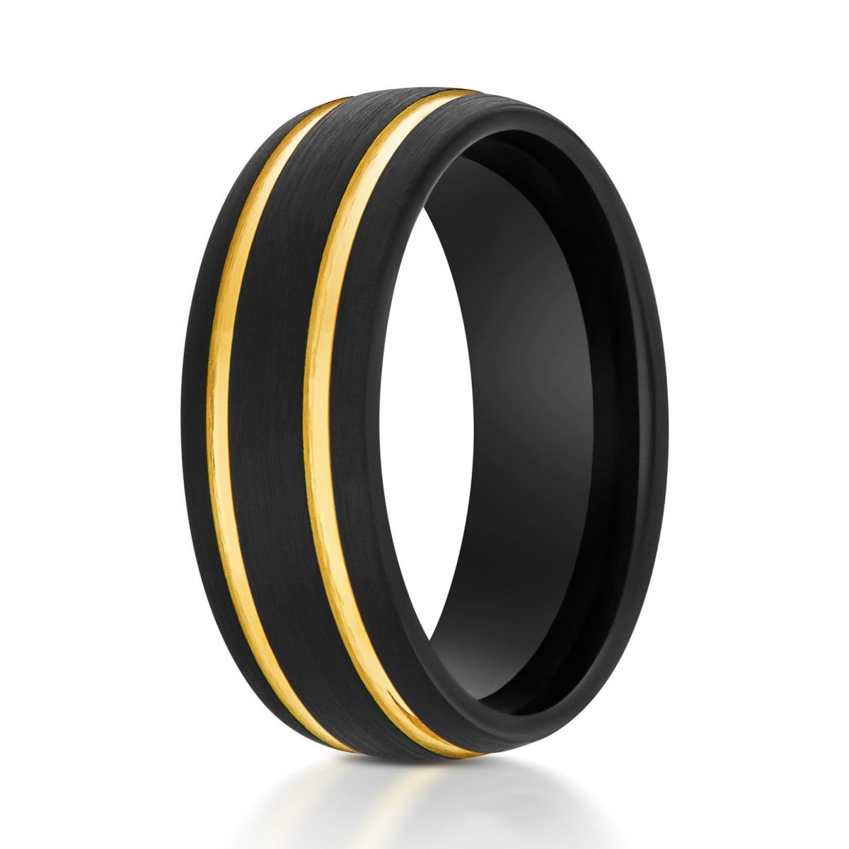 The Douren, a 8mm black tungsten ring with a brushed finish and a double polished gold groove.