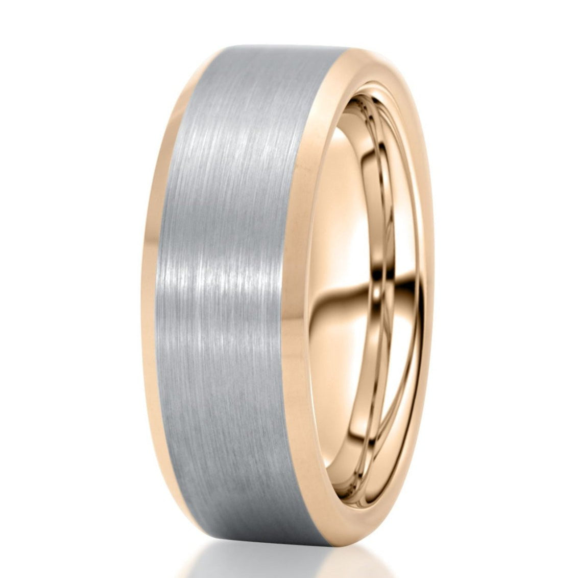 The Durango, a silver and rose gold tungsten carbide scratch-resistant ring with a brushed center and polished edges and a rose gold band.