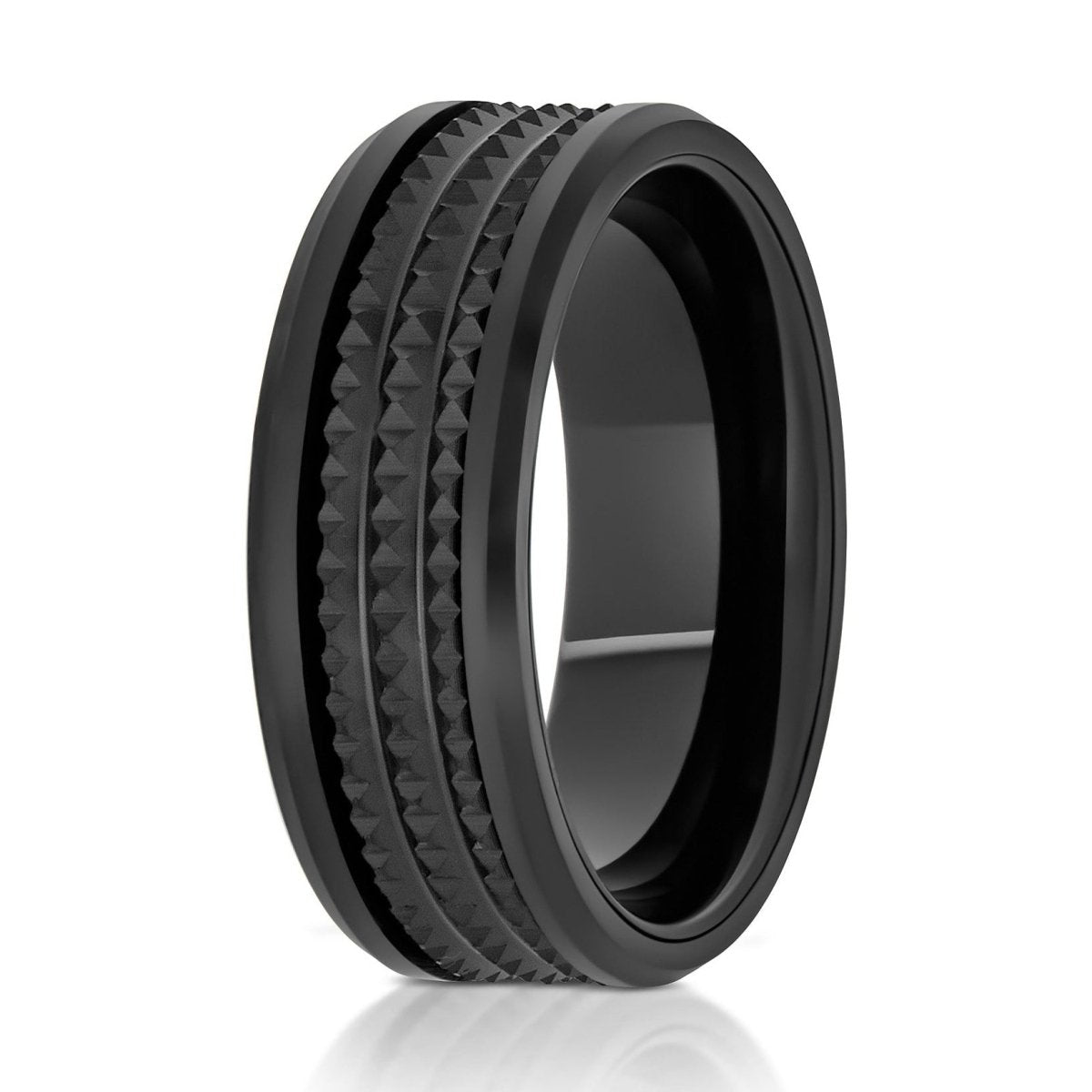 The Duskline, a 8mm black tungsten ring that features a polished finish and a jagged center.