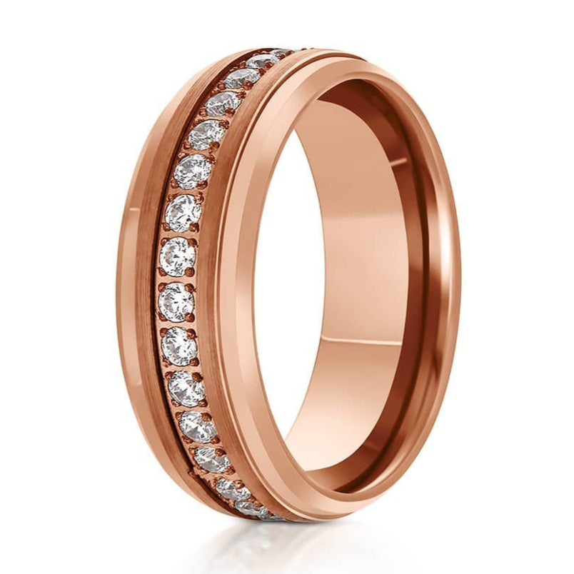 The East Coast, a rose gold tungsten carbide ring with a brushed center and polished edges with white CZ diamonds in the center.