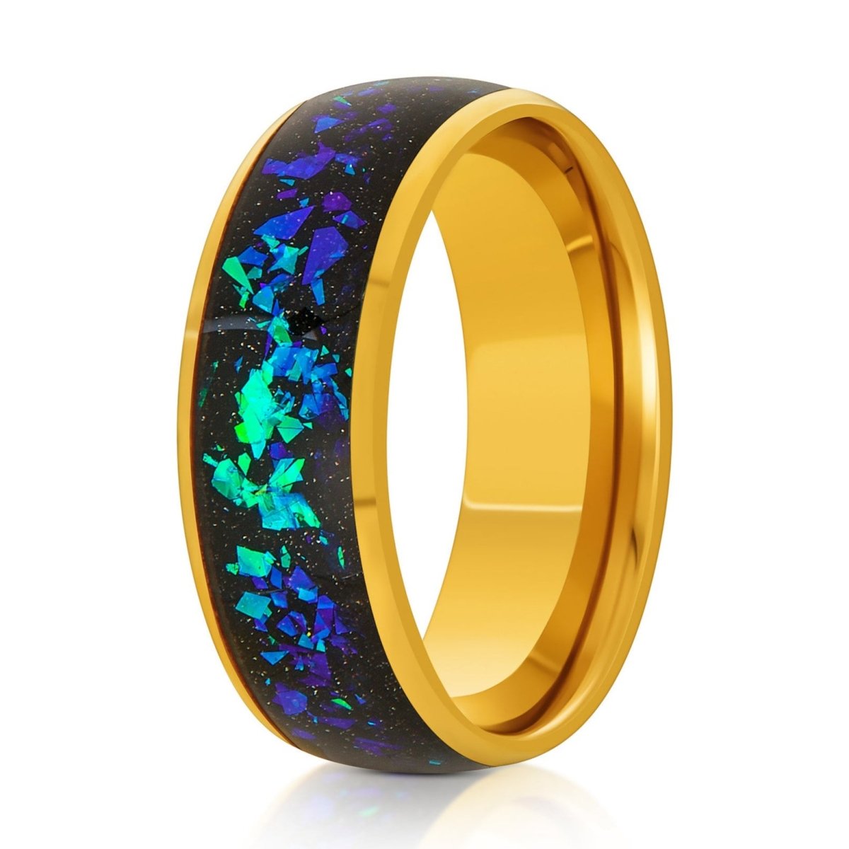 The Elysian, a 8mm gold tungsten ring with a polished finish and domed design that features a green opal and abalone fragments inlay in the center.